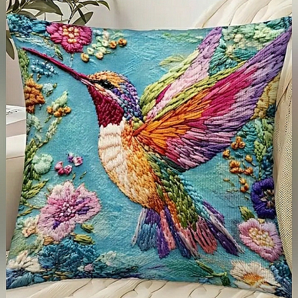 Vibrant Colored Hummingbird Print Accent Pillow Cover. NWT